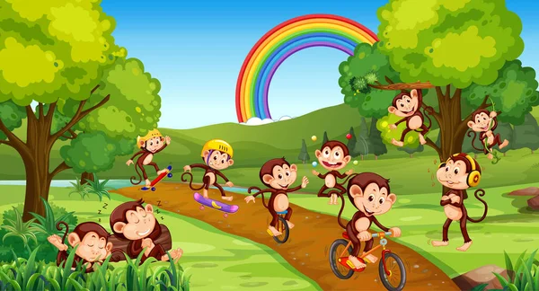 Escena Del Parque Con Pequeños Monos Haciendo Diferentes Actividades Ilustración — Vector de stock