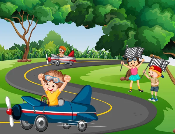 Scène Extérieure Avec Des Enfants Voiture Course Illustration — Image vectorielle