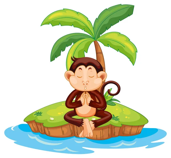 Meditating Monkey Cartoon Character Isolated Island Illustration — Stock Vector