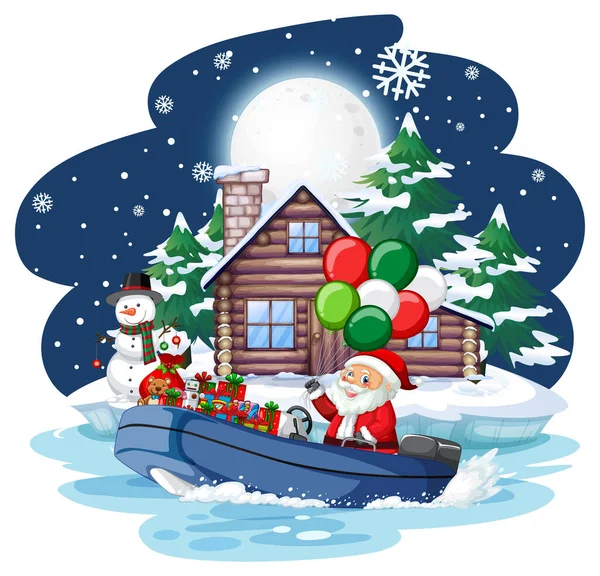 Snöig Natt Med Jultomten Motorbåt Illustration — Stock vektor