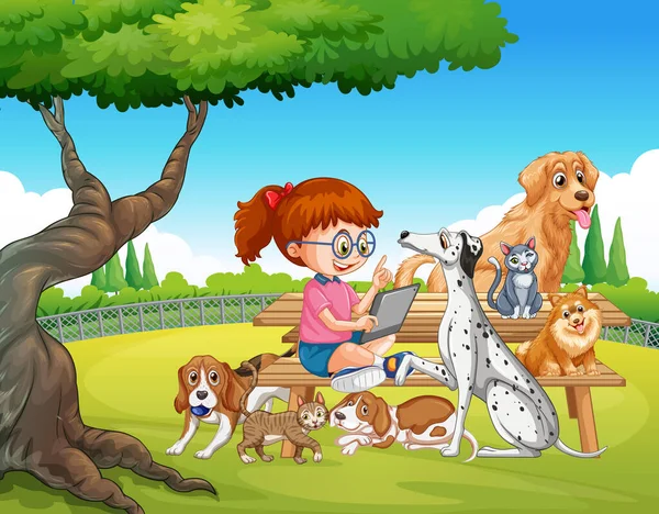 Escena Del Parque Con Una Chica Jugando Con Sus Animales — Vector de stock