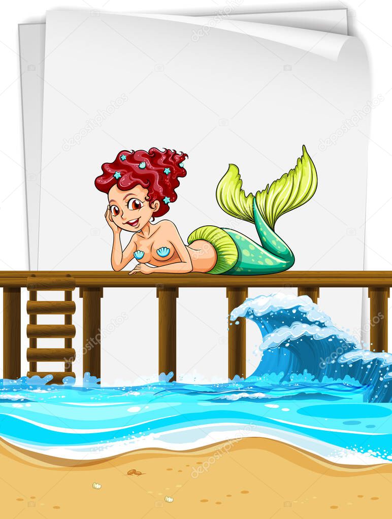 Mermaid sitting on wooden pier with an empty paper illustration