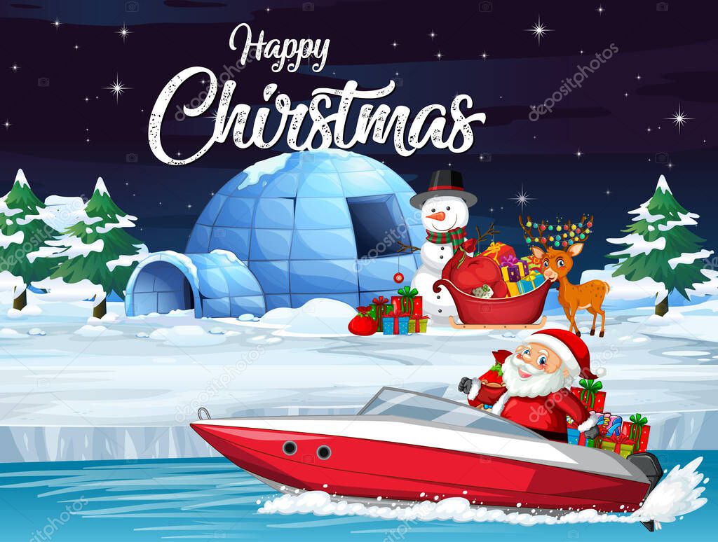Merry Christmas poster with Santa delivering gifts by speedboat illustration