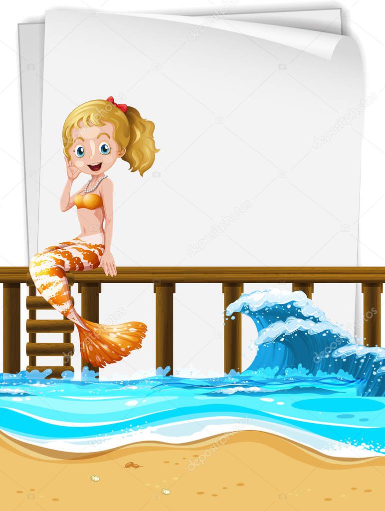 Mermaid sitting on wooden pier with an empty paper illustration