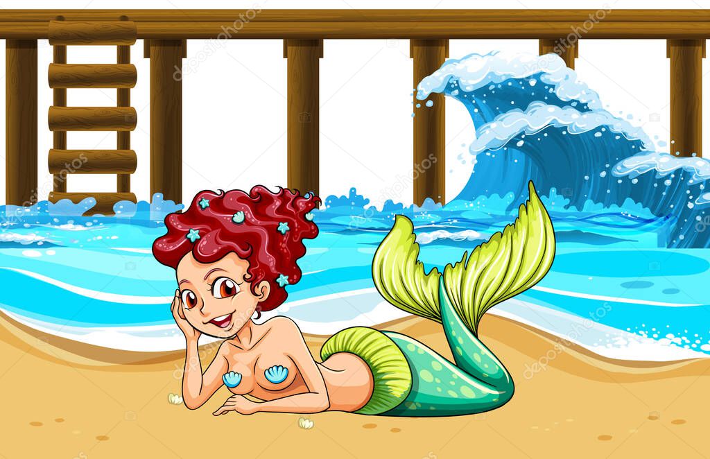 Beautiful mermaid lying on the beach illustration