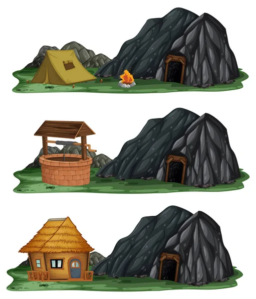 Conjunto Paisagens Isoladas Com Ilustração Cavernas Pedra —  Vetores de Stock