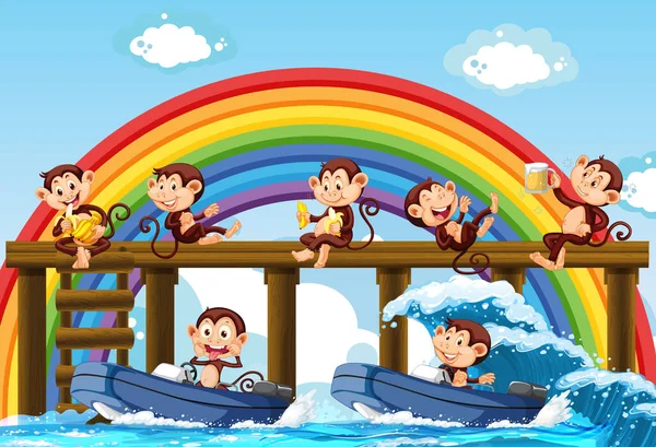 Muelle Madera Con Muchos Monos Haciendo Diferentes Actividades Ilustración — Vector de stock