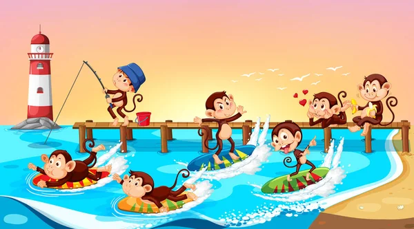 Escena Playa Con Monos Haciendo Diferentes Actividades Ilustración — Vector de stock