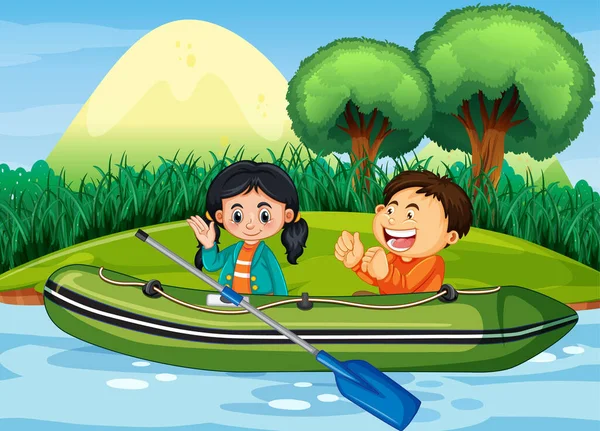 Paisaje Natural Con Niños Barco Inflable Ilustración — Archivo Imágenes Vectoriales