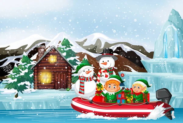 Snowy Dag Met Elfen Leveren Geschenken Door Roeiboot Illustratie — Stockvector