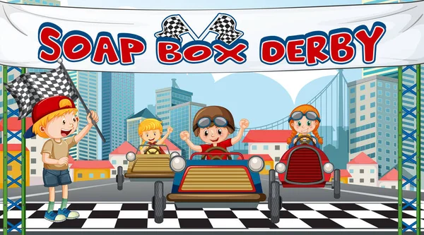Mýdlo Box Derby Scéna Dětmi Závodní Auto Ilustrace — Stockový vektor