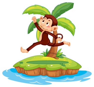 İzole ada illüstrasyonunda zıplayan maymun çizgi film karakteri