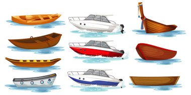 Set of different kinds of boats and ships isolated illustration clipart