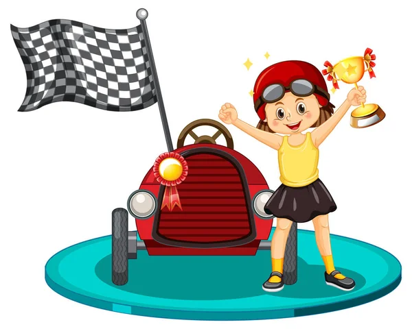 Menina Vencedora Segurando Troféu Frente Ilustração Carro Corrida —  Vetores de Stock