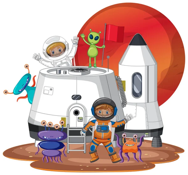 Astronautas Superficie Del Planeta Con Edificios Colonias Ilustración — Vector de stock