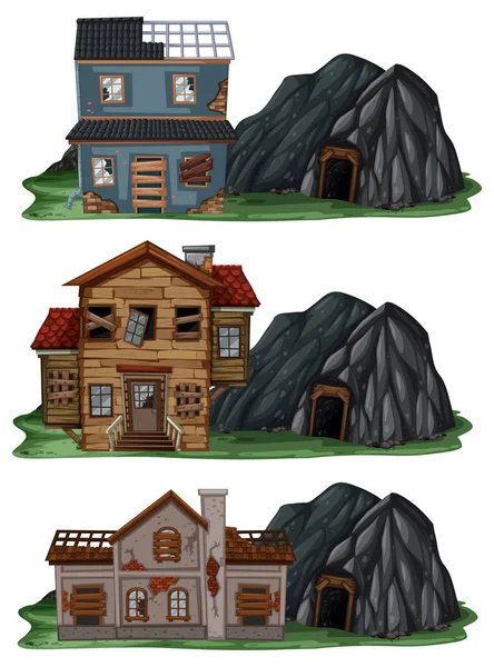 Conjunto Diferentes Casas Abandonadas Com Ilustração Caverna Rocha — Vetor de Stock