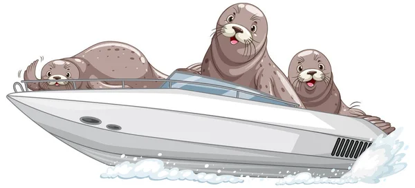 Seals Speed Boat Cartoon Style Illustration — Stock Vector