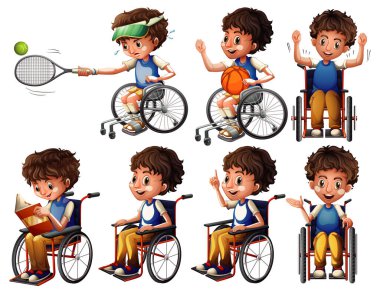 Tekerlekli sandalyede farklı aktivitelerde bulunan bir grup adam.