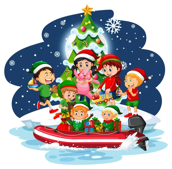 Kinder Weihnachtsthema Bei Verschneiter Nacht Illustration — Stockvektor