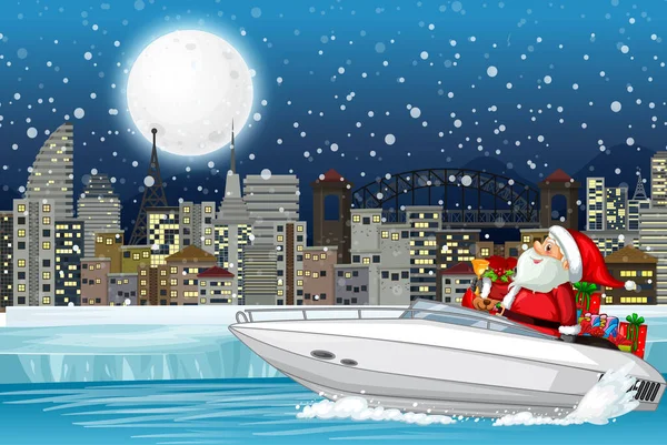 Snowy Night Cute Elf Delivering Gifts Speedboat Illustration — Stock Vector