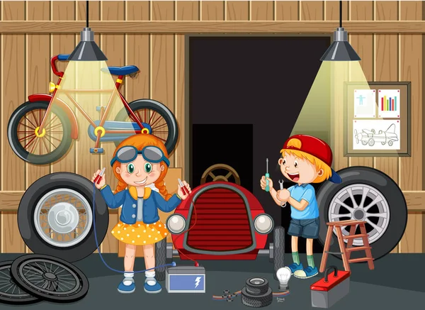 Children Repairing Car Together Garage Illustration — Stockový vektor
