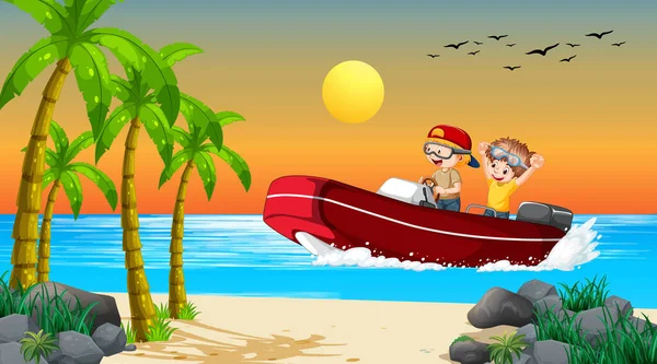 一个男孩子和他的朋友一起驾船游览海浪风景 — 图库矢量图片