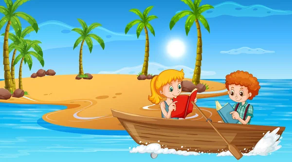 Paysage Plage Avec Des Enfants Dans Illustration Bateau Bois — Image vectorielle