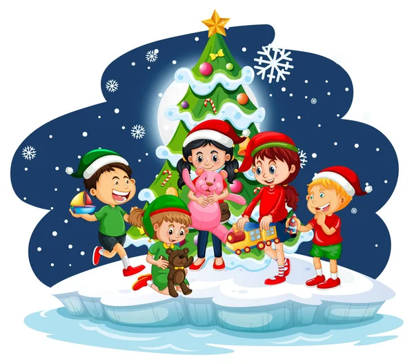 Verschneite Nacht Mit Kindern Weihnachtsmotiv Illustration — Stockvektor