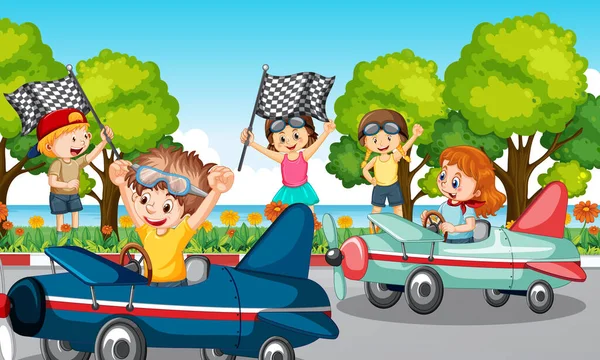 Escena Aire Libre Con Niños Coche Carreras Ilustración — Archivo Imágenes Vectoriales