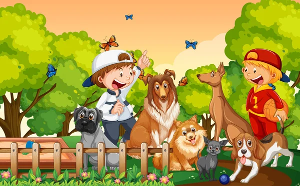 Enfants Jouant Avec Leurs Animaux Illustration Parc — Image vectorielle