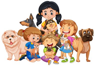 Köpekleri resimli mutlu çocuklar.