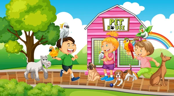 Park Jelenet Gyerekek Játszanak Állatok Illusztráció — Stock Vector