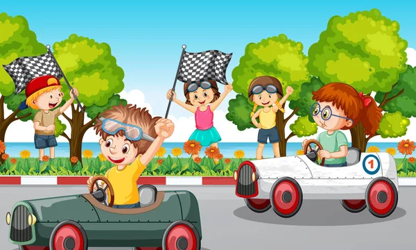 Scène Parc Avec Des Enfants Voiture Course Illustration — Image vectorielle