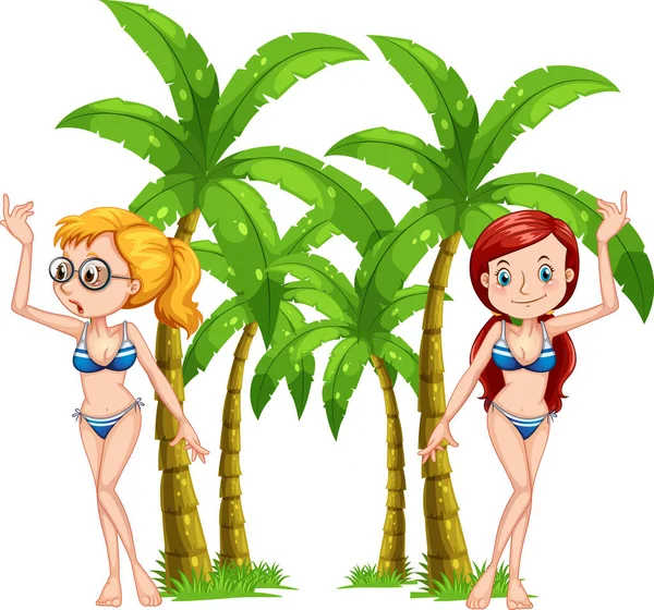 两个身穿游泳衣 头戴棕榈树图案的女孩 — 图库矢量图片