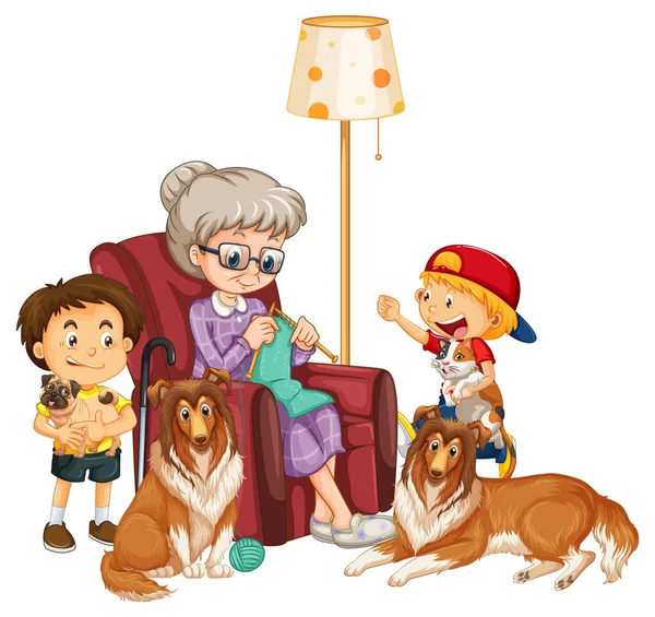 Oma Breien Haar Kinderen Spelen Met Honden Illustratie — Stockvector
