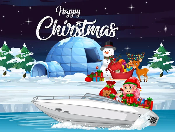 Merry Christmas Poster Met Schattige Elf Speedboat Illustratie — Stockvector