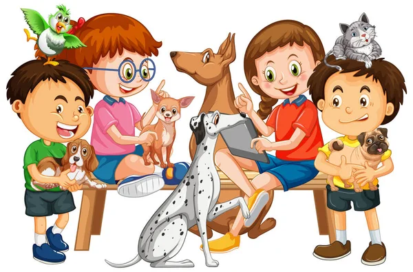 Crianças Felizes Com Seus Cães Ilustração — Vetor de Stock
