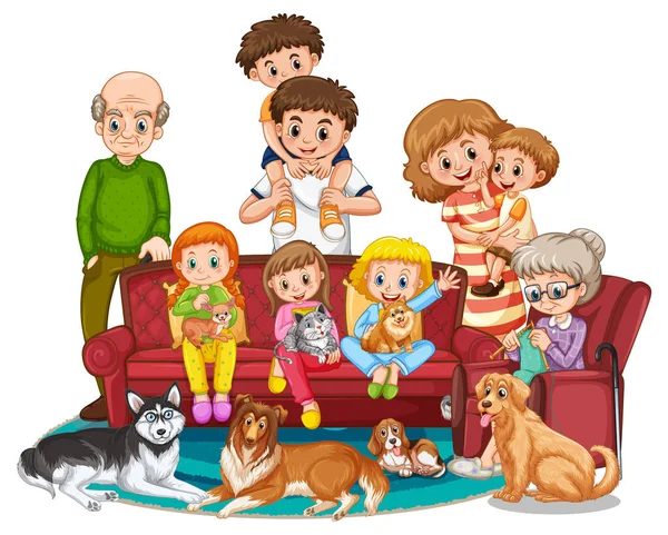 Miembros Familia Grande Con Muchos Perros Ilustración — Vector de stock