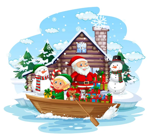 Santa Claus Delivering Gifts Row Boat Illustration — Stock Vector