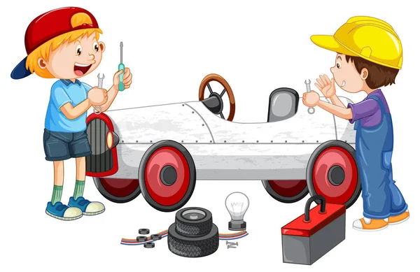 Dzieci Naprawiające Samochód Razem Ilustracja — Wektor stockowy