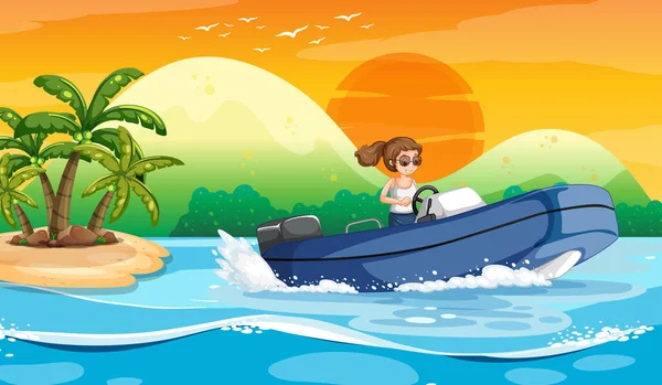 Paisaje Olas Oceánicas Con Una Mujer Conduciendo Barco Ilustración — Vector de stock