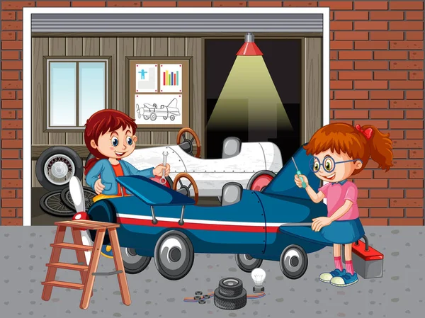 Children Repairing Car Together Garage Illustration — Wektor stockowy