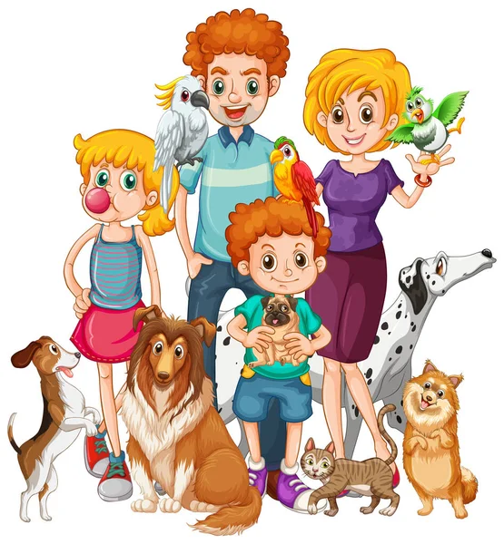 Keluarga Bahagia Dengan Anjing Mereka Dalam Ilustrasi Gaya Kartun - Stok Vektor