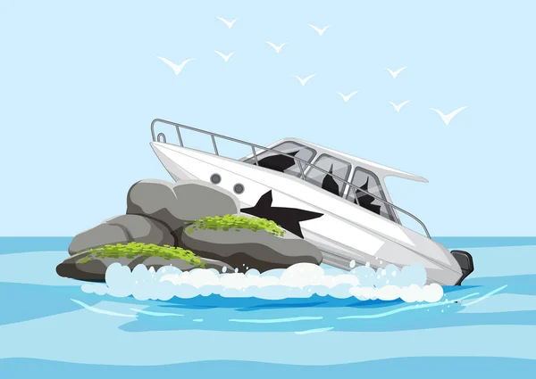 Een Speedboot Crashen Rotsen Het Midden Van Oceaan Illustratie — Stockvector