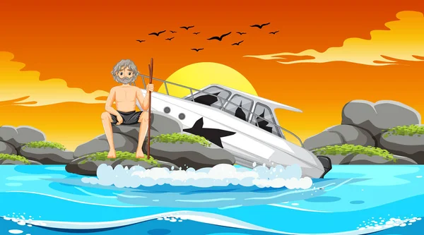 Mann Stürzt Mit Schnellboot Auf Felseninsel — Stockvektor