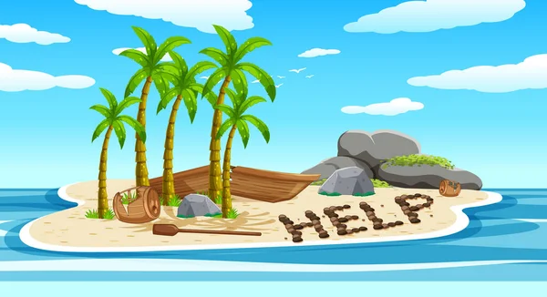 Opuštěný Ostrov Rozbitou Lodí Ležící Pláži Nápisem Pomoci Ilustrace — Stockový vektor