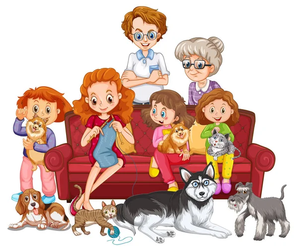 Miembros Familia Grande Con Muchos Perros Ilustración — Vector de stock