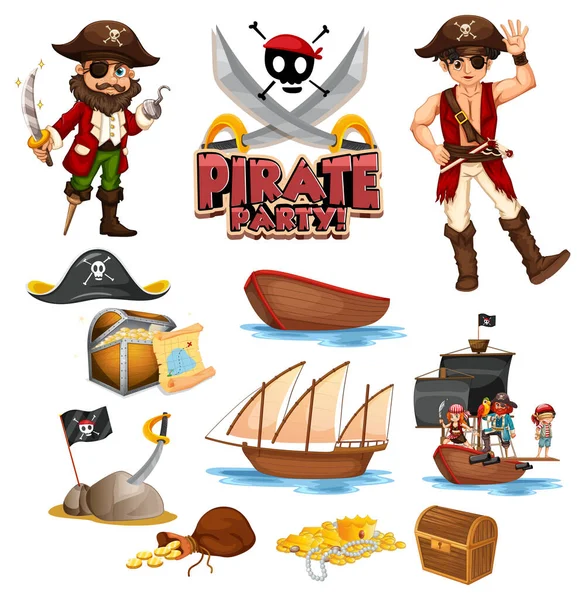 Набор Иллюстраций Персонажей Объектов Пиратской Карикатуры — стоковый вектор