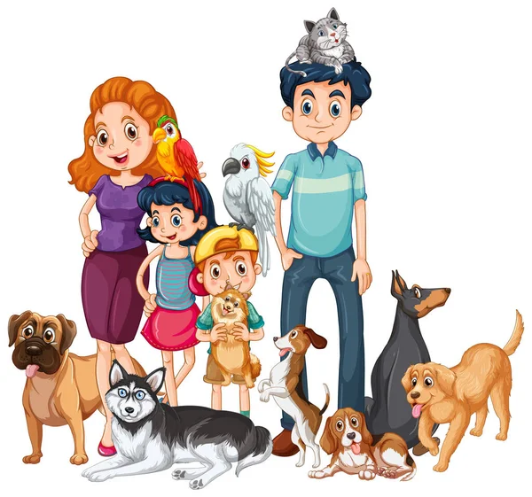 Familienmitglieder Mit Vielen Hunden Cartoon Stil — Stockvektor