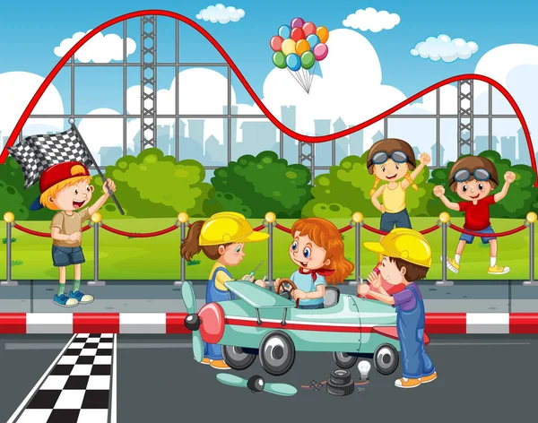 Outdoor Szene Mit Kindern Rennwagen Illustration — Stockvektor